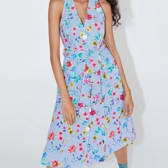 Zara Striped Floral Midi Dress Medium M - Picture 1 of 16